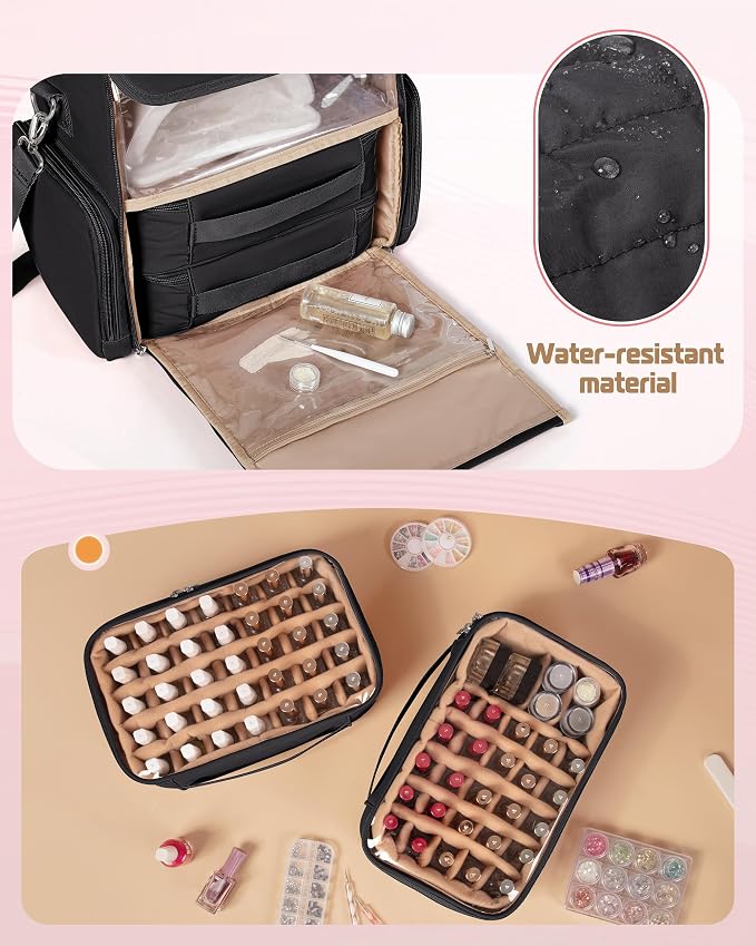 Marscamd Nail Polish Organizer Bag Holds 70 Bottles and Nail Lamp, Nail Polish Storage Case with 2 Removable Bags and Multiple Pockets, Black - Image 3