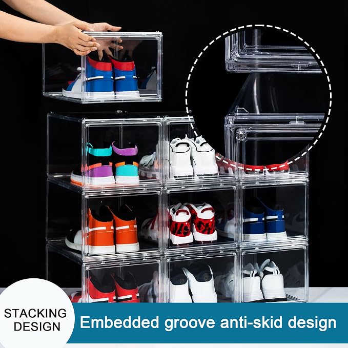 12 Pack Shoe Boxes, Clear Acrylic Stackable Plastic Sneaker Box Container, Magnetic Drop & Side Open Shoe Organizer Case Container With Lids Fits Up to Size 14 (Clear) - Image 5