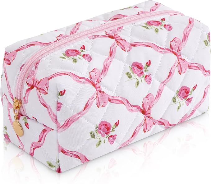 Makeup Bag Travel Toiletry Bag for Women, Small Cosmetic Bags Cute Quilted Cotton Makeup Pouch for Purse Emergency Bag Floral Pencil Case Accessory Bag, Bow and Floral by Unknown