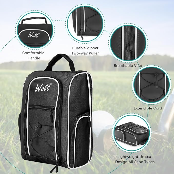 Wolt |Golf Shoe Bag for Travel- Zippered Shoes Carrier Bags with Ventilation & Double Outside Accessory Pocket for Socks, Tees, Golf Balls, Etc. for Women and Men (Black) - Image 3