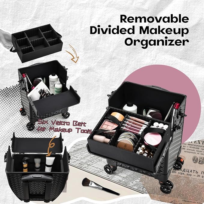 Yueieoun 5 in 1 Makeup Train Case, Cosmetology Case on Wheels Travel Make up Case Rolling Nail Cart Makeup Organizer Cosmetic Storage Box Cases Extra Large Trolley Truck with 360° Swivel Wheels, Black - Image 3