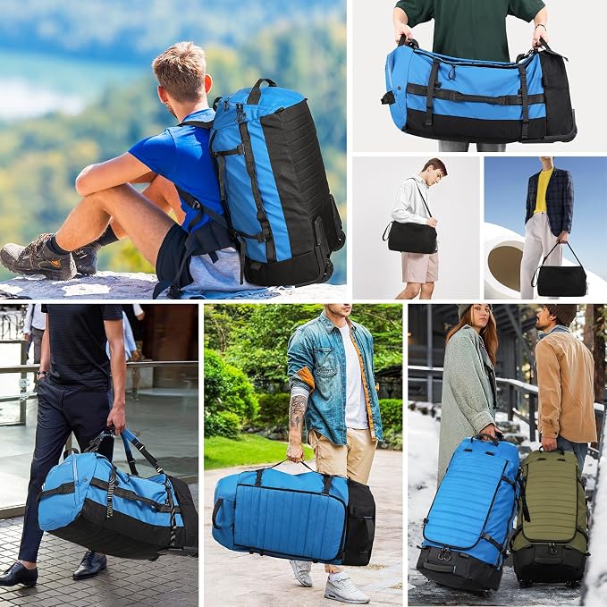 Vomgomfom 86L Foldable Duffle Bag with Wheels - Waterproof Rolling Travel Bag, Collapsible Luggage No Telescopic Handle, for Men Women Camping Sports Weekend Trips，Blue - Image 2