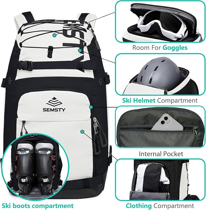 Ski Boot Bag, 55L/70L Waterproof Ski and Snowboard Boots Travel Backpack for Skis, Snowboard, Ski Helmet, Goggles, Gloves & Accessories - Image 3