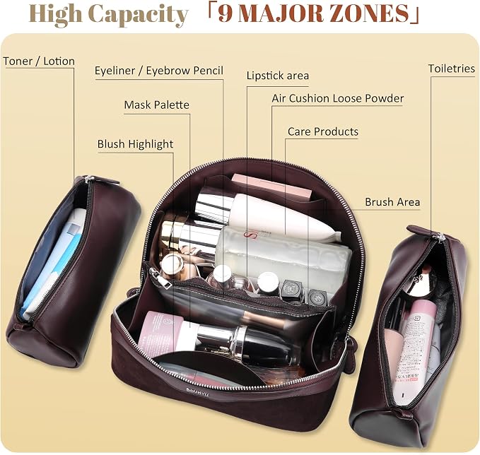 BOYATU Genuine Leather Travel Makeup Bag: Large Capacity 3 Pcs Set Cosmetic Bags for Women - Designer Waterproof Hand-made for Toiletry Organizer - Travel Essentials for Elegance (08Suede-Coffee) - Image 3