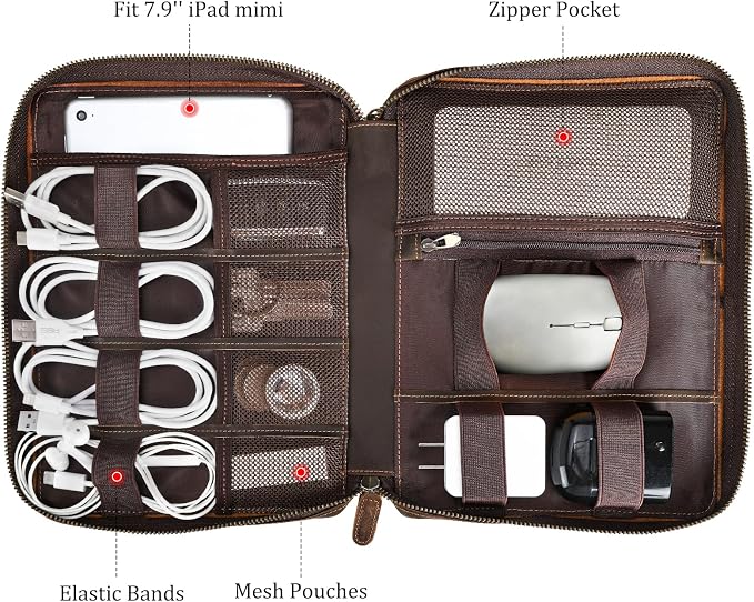 Polare Full Grain Leather Travel Cable Organizer Case Electronics Accessories Carry Bag with YKK Zippers Tech Storage Bag for Cables, Power Bank, USB, SD Card, Travel Essentials - Image 5