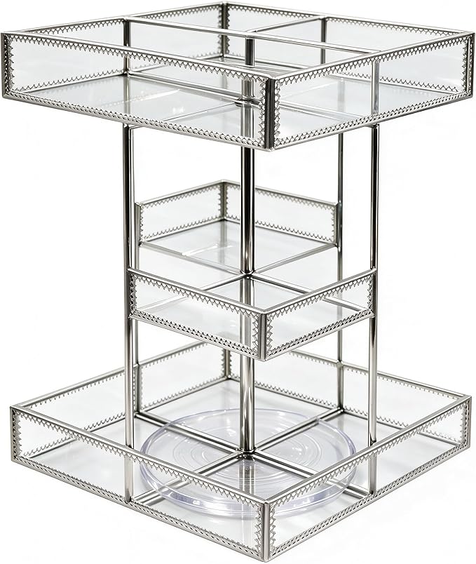 Luxury Silver Glass Cosmetic Storage Organizer, 4-Tier Makeup Display Case with Multiple Compartments, Countertop Vanity Organizer for Perfume, Skincare, Cosmetics, Bathroom Dresser Storage Rack by UniqueHandmadeGlassBeautyDisplayfromHersoo