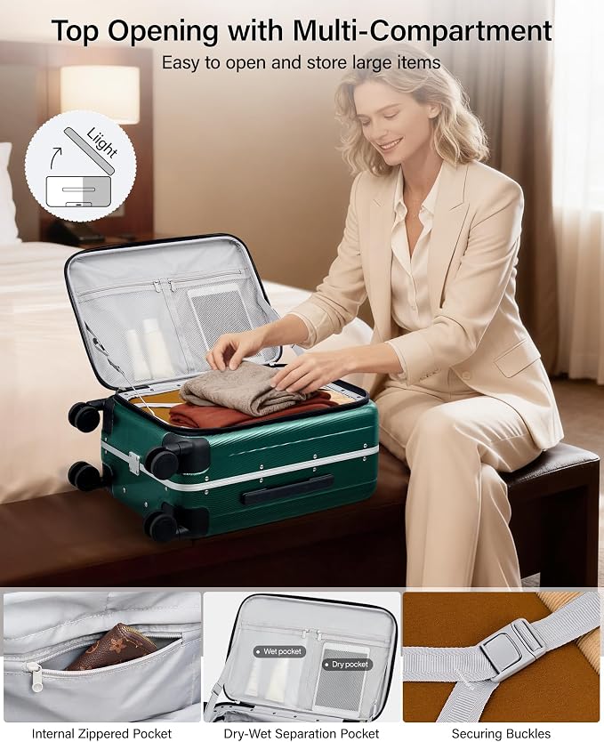 Hanke 24 Inch Checked Luggage Front Opening Rolling Suitcase Hard Sided Luggage with Spinner Wheels Travel Luggagefor Woman Men.(Dark Green) - Image 6