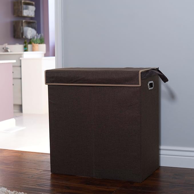 Household Essentials Collapsible Double Laundry Hamper with Lid, Two Compartments and Removable Liner Bags, Brown Finish - Image 4