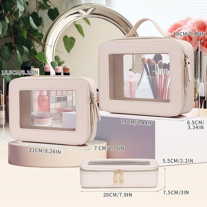 Pinkmik Clear Makeup Bag with Brush Bag 3pcs Waterproof Travel Case for Cosmetics and Toiletries Women's Makeup Organizer with Zipper (Beige, L+M+SLIM) - Image 2