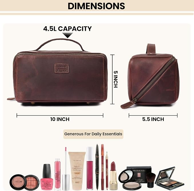 LEATHER VILLAGE Genuine Leather Travel Dopp Kit for Men & Women – Open Flat Large Capacity Cosmetic Bag with Water-Resistant Lining – Skin Care, Brushes, Shaving & Bathroom Essentials Organizer-Cherry - Image 4