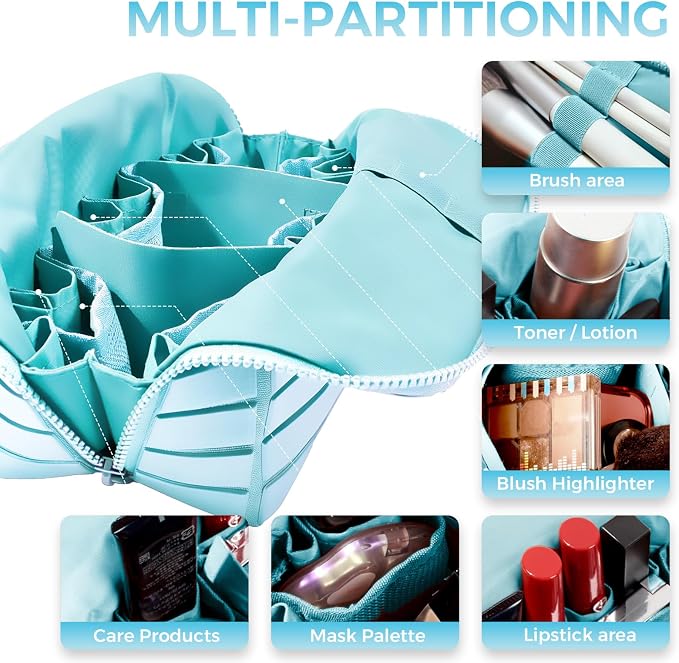 Travel Makeup Organizer Bag with Fold-Down Design and Adjustable Dividers, 27 Pockets & 3 Brush Storage Holders, Large Capacity Cosmetic Bags Toiletry Case - Light blue - Image 2