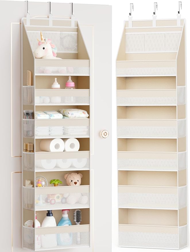 Criusia Over the Door Organizer, 6-Shelf Closet Hanging Storage with 13 Mesh Pockets, 55lbs Capacity Behind the Door Storage for Baby Nursery, Bathroom, Bedroom, and Dorm, Beige by Criusia