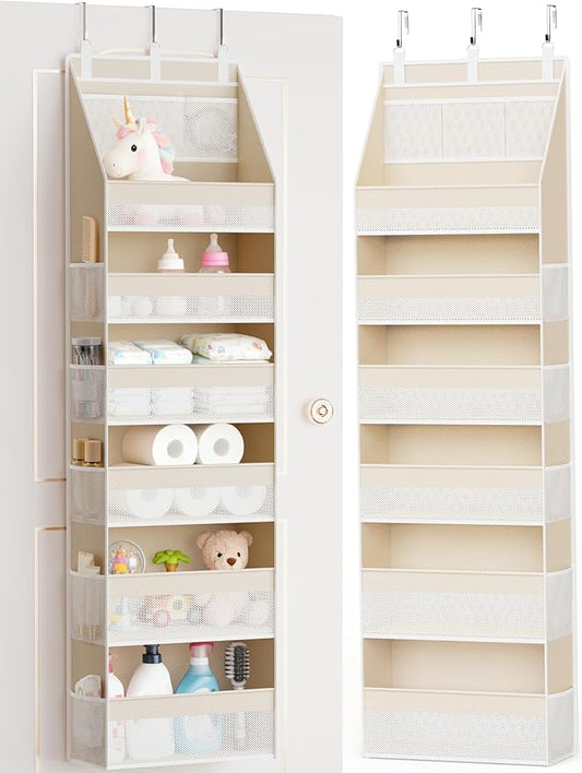Criusia Over the Door Organizer, 6-Shelf Closet Hanging Storage with 13 Mesh Pockets, 55lbs Capacity Behind the Door Storage for Baby Nursery, Bathroom, Bedroom, and Dorm, Beige by Criusia