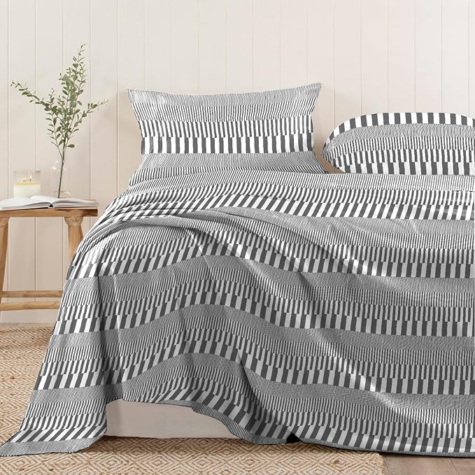 Pizuna Pure 100% Cotton Flat Sheets Only Queen Grey Cascade Stripe (1 PC), Luxurious 400 Thread Count Long Staple Cotton Sateen with 4" Hem (Combed Queen Flat Sheet Only Cotton) by Pizuna