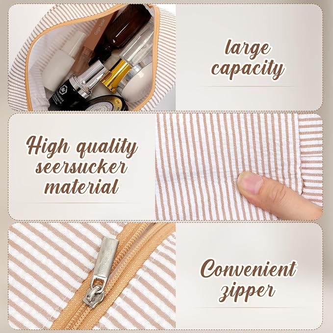Sanwuta 6 Seersucker Cosmetic Bag Bulk Striped Makeup Bag for Women Aesthetic Cute Travel Toiletry Organizer Preppy Storage Pouch for Wedding Bridesmaid Mother's Day Teacher Gift (Large,Khaki) - Image 6