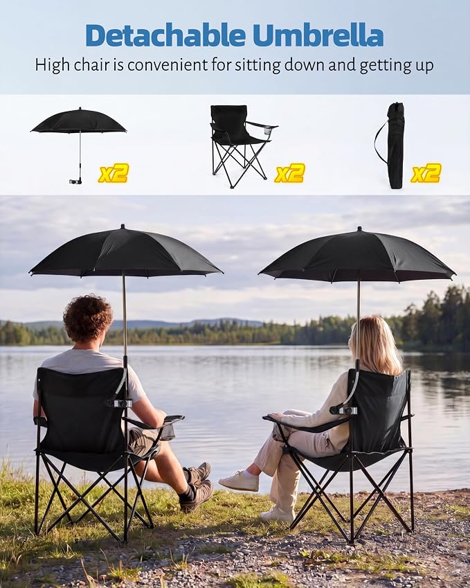 2PCS Camping Chairs with Detachable Umbrella, HaSteeL Folding Beach Chair for Adults, Large Portable Foldable Chair for Outdoors Fishing Hiking Travel Picnic Lawn, Supports 275lbs, Storage Bags, Black - Image 3