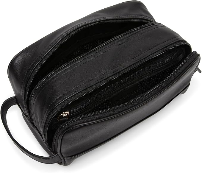 Leatherology Black Onyx Leather Toiletry Bag – Small Double Zip Dopp Kit – Full Grain Leather Travel Organizer with Water-Resistant Lining – Compact Grooming Bag for Men or Women - Image 4