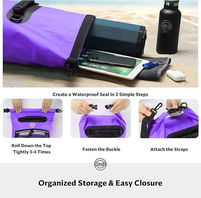 STOVER 5/10/25/30/40L Waterproof Dry Backpack & Phone Case- Large Floating Dry Bag for Kayaking, Travel, Hiking, Fishing, Camping, Motorcycles & Beach, Heavy-Duty Roll Top Men/Women (Purple) - Image 5