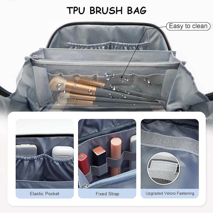 BOYATU Travel Makeup Bag Cosmetic Bag for Women: 3 Pcs Set Striped Make up Bag with Compartments - Waterproof Vegan Leather Toiletry Bag with Handle - Makeup Organizer for Travel Essentials(A-4-Black) - Image 4