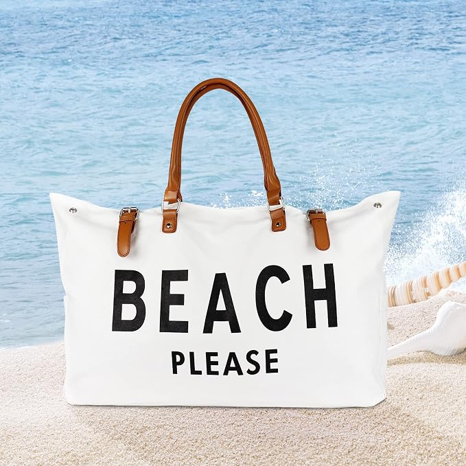 Lamyba Beach Bag with Vegan Leather Handle, Extra Large Beach Bag for Women Waterproof Sandproof, White | with Vegan Leather Handle - Image 3