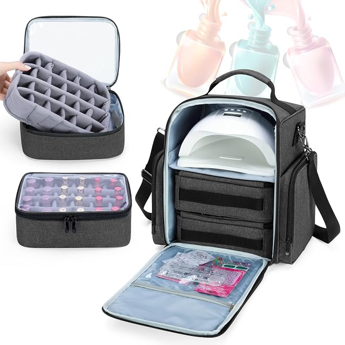 BAFASO Nail Polish Organizer Holds 48 Bottles and a Nail Lamp, Black | Fits for 15ml - 0.5 fl.oz, Large Nail Polish Case with 2 Removable Pouches and Multiple Storage Sections, Patented Design. - Image 2