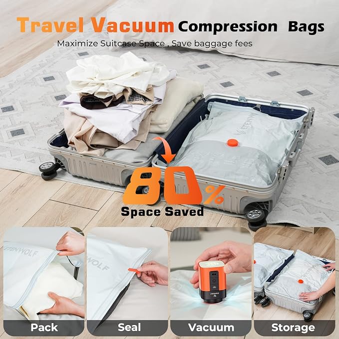 ETENWOLF 15 Pack Reusable Vacuum Storage Bags for Travel with Rechargeable Air Pump,Vacuum Compression Packing Seal for Clothes, Blankets, Seasonal Storage,Carry-On Space Saver Bags in 3 Sizes - Image 3