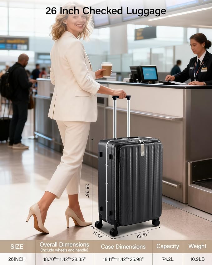 Hanke 26 Inch Large Checked Luggage PC Hard Shell Luggage Top Opening Travel Luggage Suitcases with Wheels for Woman Men.(Jet Black) - Image 3