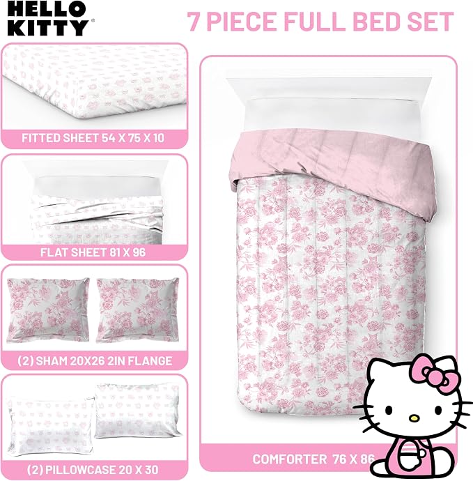 Jay Franco Comforter Set Includes Sheets and Pillow Covers - Soft and Cozy Bed Set for Stylish Room Decor, Official Licensed Bedding, Multi - Hello Kitty, 7 Piece Full - Image 3