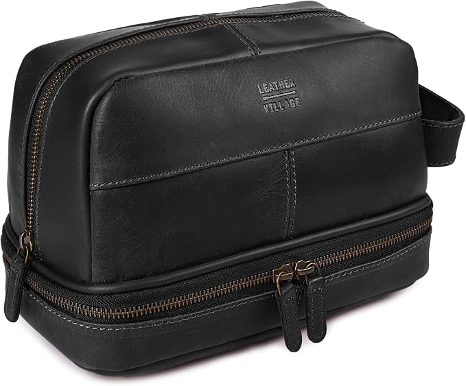 LEATHER VILLAGE Genuine Leather Dopp Kit - Travel Bag with Waterproof Lining, Large Capacity Toiletry Bag, Dual-Zip Design for Men & Women, Shaving & Bathroom Essentials Organizer - Black by LeatherVillage