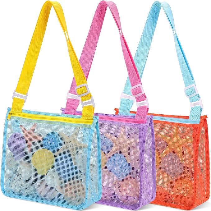 Frienda 3 Pcs Mesh Beach Bag Beach Seashell Bag Shell Collecting Sand Toy Totes Colorful Swimming Accessories Storage Pouch with Adjustable Carrying Straps for Men and Women (Colors F) by Frienda