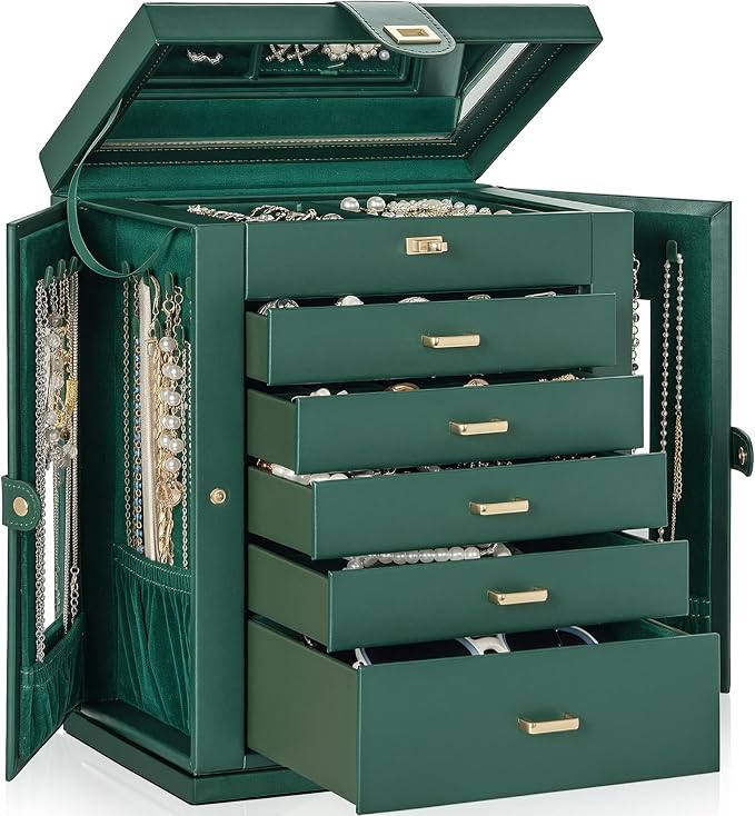 AKOZLIN 6-Tier Jewelry Box Organizer Functional 5 Drawers Leather Jewelry Storage Case for Women Girls Ring Necklace Earring Bracelet Holder Organizer with Mirror XL Green 360° Rotating by AKOZLIN