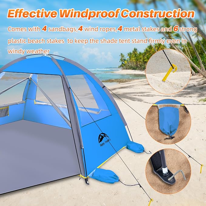 Happy Travel Beach Tent, UPF 50+ UV Protection Sun Shade Shelter for 3/4/5/6/7/8 Person, Portable Beach Canopy for Family & Baby, Lightweight & Easy Setup Beach Cabana with 3 Ventilation Mesh Windows - Image 6