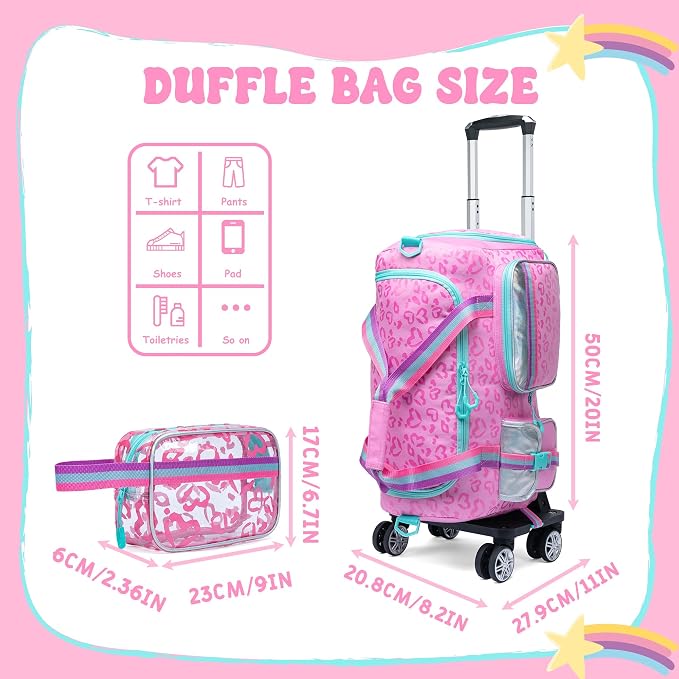 Girls Duffel Bag With Wheels - Travel Overnight Bag for Kids With Toiletry Bag, Rolling Dance Duffle With Shoe Compartment - Image 3