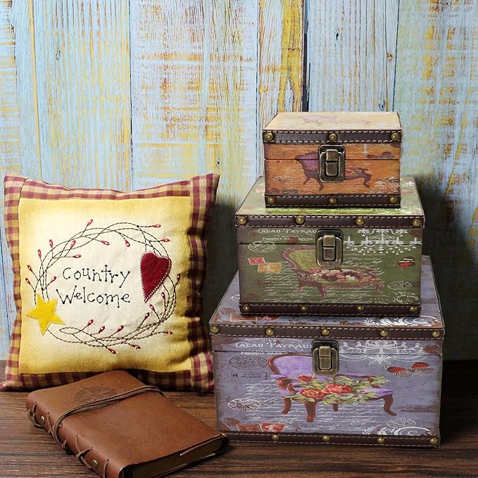 Jolitac Wood Storage Box Set of 3, Vintage Decorative Nesting Boxes Wooden Treasure Storage Crates With Latch, Home Decor Rustic Antique Boxes With Lid for Photos, Jewelry, Cash (Chair) - Image 7