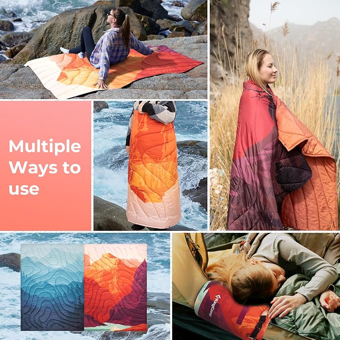 KingCamp Ultralight Camping Blanket, Packable Down Alternative Puffy Printed Wearable Blanket with Snap Buttons & Corner Loops Weatherproof Quilt for Outdoor Travel Stadium (78.7"L x 57.1"W, ORANGE) - Image 6