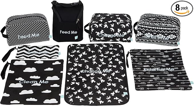 Easy Baby - Diaper, Bottle, and Supplies - Organizer Pouches and Changing Pad - Change, Feed, Dress, and Clean Me (8 Pack Brooklyn) | Organizing Packing Tote Cubes for Baby Items by EasyBaby