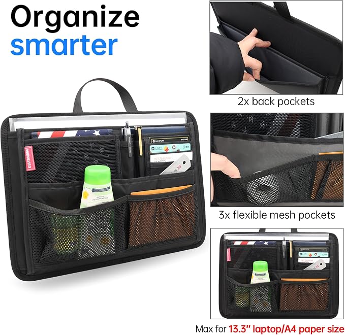 Slim Rugged Organizer Insert for Briefcase Messenger Tote Bag-13 Pockets,Durable Padded Nylon,Handle - Blue - Image 2