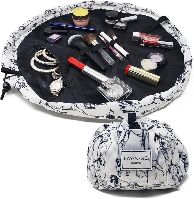 Lay-n-Go Cosmo Layflat Drawstring Cosmetic & Makeup Bag Organizer w/Zipper Pocket, Brush Loops & More, Cinch to Close, Lay Flat to Use, Durable, Machine Wash, Travel Toiletry Bag (20", Dogs) by Lay-n-Go