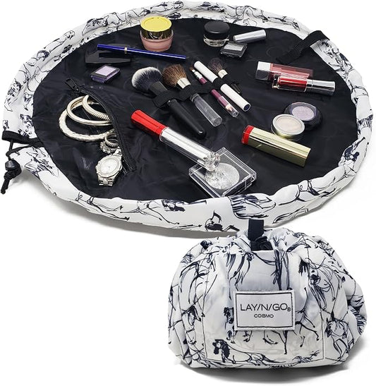 Lay-n-Go Cosmo Layflat Drawstring Cosmetic & Makeup Bag Organizer w/Zipper Pocket, Brush Loops & More, Cinch to Close, Lay Flat to Use, Durable, Machine Wash, Travel Toiletry Bag (20", Dogs) by Lay-n-Go