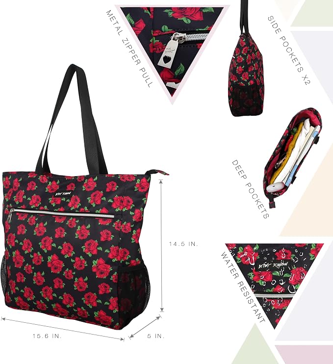 Betsey Johnson 15.6 Inch Zipper Beach Tote Bag Lightweight Large Durable Polyester with Mesh Side Pockets for Gym Work | 15.6 Inch - Image 6