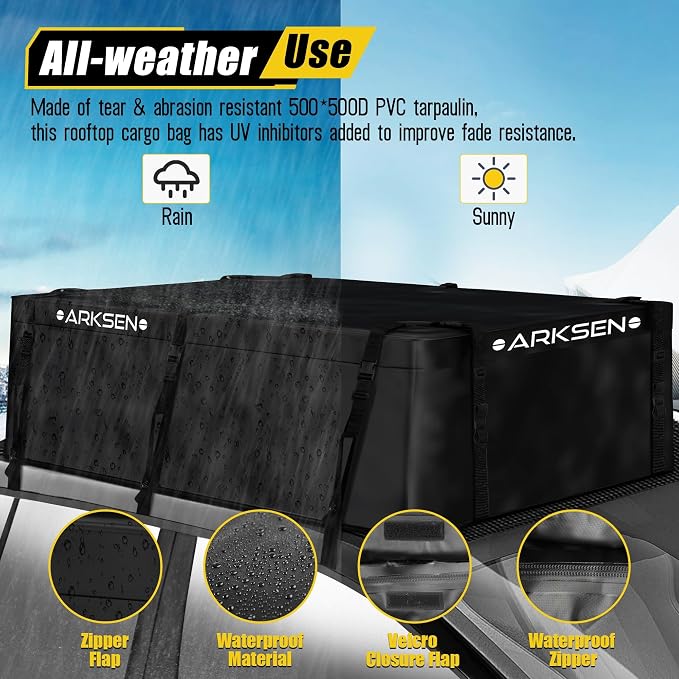 ARKSEN Rooftop Cargo Carrier Bag Extra-Wide 31.5 Cubic Feet Waterproof Heavy Duty Car Roof Rack Bag for Full-Size Cars with 10 Reinforced Straps, 6 Door Hook Straps & Anti-Slip Mat - Image 3