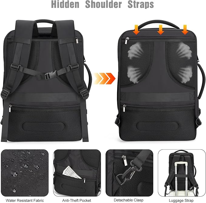Tzowla 40L Expandable Travel Laptop Backpack for Men Women Carry on Flight Approved,Large Capacity Anti Theft Backpacks with Giant Tumbler Holder Pocket,Personal Item Bag Fit 17.3" Computer（Black - Image 5