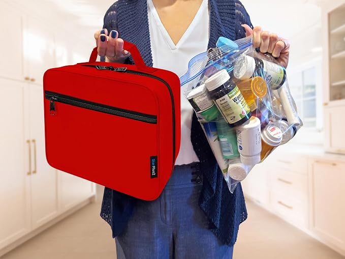Large Pill Bottle Organizer & Medicine Bag for Travel, Red | Prescription bottle organizer with 10 bottle pockets and padded storage for medication bottles, supplements, vitamins - Image 5