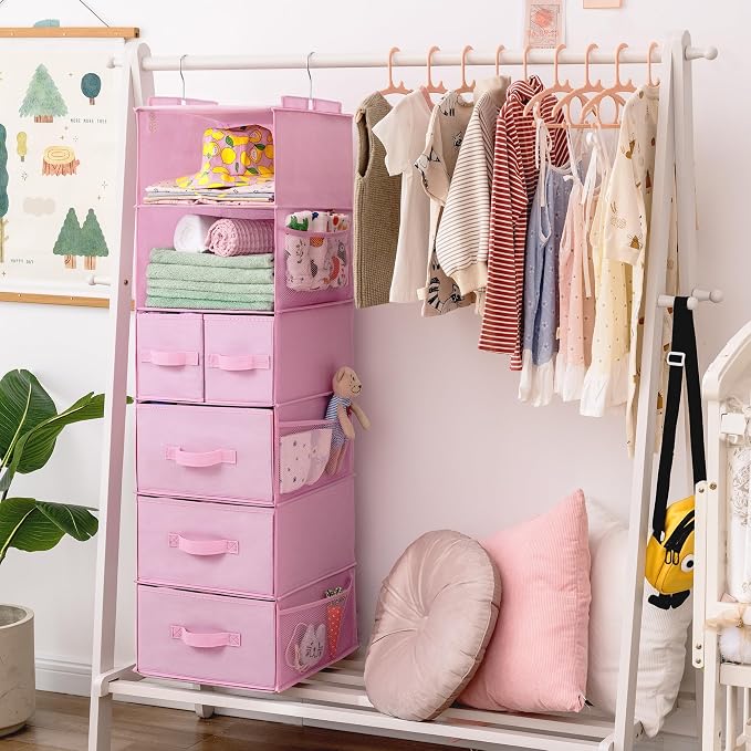 GRANNY SAYS Hanging Closet Organizers and Storage, 6 Shelves Closet Hanging Organizer with 6 Side Pockets, 5 Drawer Storage Organizer, Portable Hanging Shelves for Baby Closet, Pink Shelf - Image 8