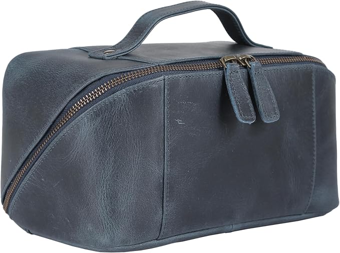 KomalC Luxury Leather Men’s Toiletry Travel Bag – Handmade Shaving Kit with Waterproof Interior, Spacious Storage & Carry Handle – leather travel Kit Bag for Men & Women (Blue) by KomalC