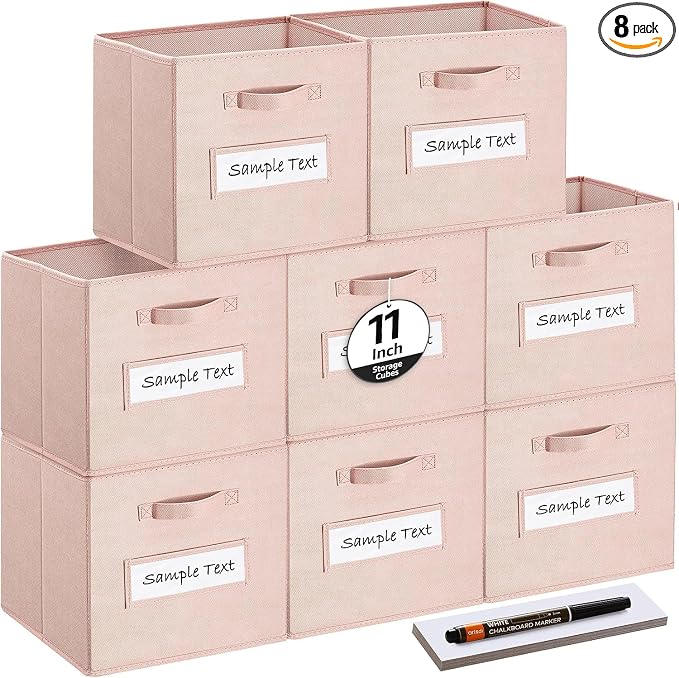 Fabric storage cubes (Set of 8) 11 Inch Cube Storage Bin, Cube storage with 8 Labels Window Cards & a Pen, Foldable cube organizer bins,11x11 Storage bin, Cubby Organizer Boxes, Pink by Artsdi