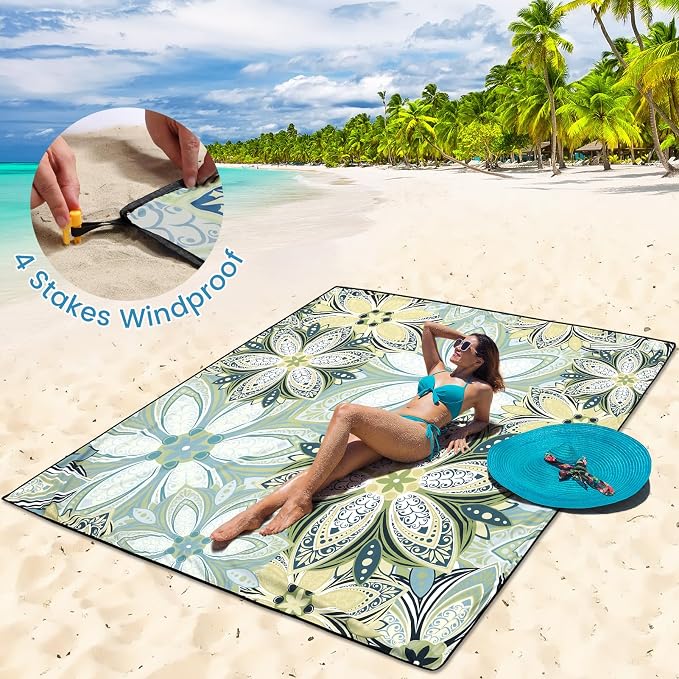 HIHOHO Beach Blanket Waterproof Sandproof Beach Mat for 1-8 Adults Quick Drying Durable Outdoor Picnic Mat for Beach Festival Travel Camping Hiking (Flourishing Blossom-Y&GN, 79"×83"(4 Person)) - Image 3
