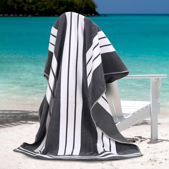 Superior Oversized Cotton Beach Towel Set of 6, Absorbent Towels For Bathroom, Beach, Pool, Swim, Adults, Kids, Vacation, Travel, Bath Sheet, Quick Dry Basics, Trip Essentials, Striped Decor, Charcoal by SUPERIOR