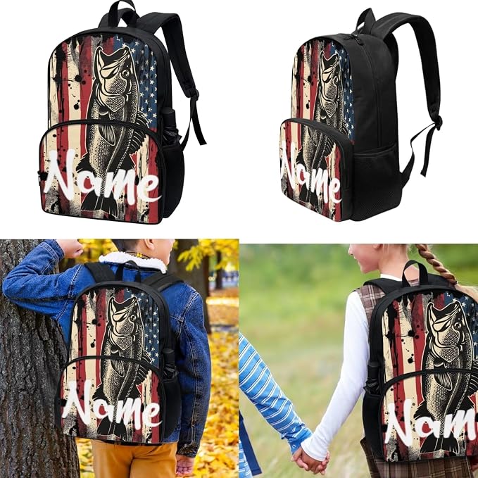 American Flag Fish Backpack for Boys Girls Personalized Custom Your Kids Name School Backpack with Lunch Box Pencil Case 3 Pieces Set Add Your Name on School Bag - Image 2