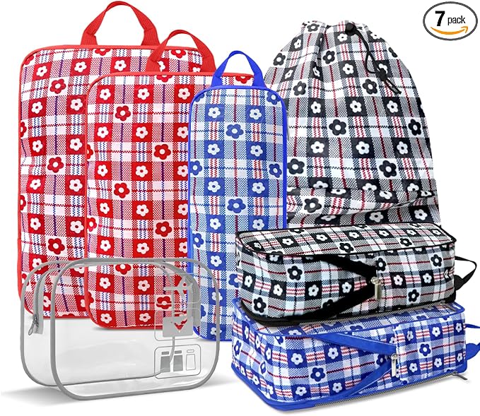 Geometric Flower Compression Packing Cubes for Travel (7 Piece) | Tear-Resistant, Separate Shoe Compartment, Travel Essential Organizer Bags for Clothes, Shoes & Toiletries, Red Blue Black by Unknown
